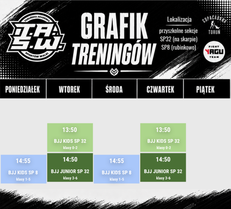 grafik treningi bjj w szkole podstawowej nr 32 i szkole podstawowej nr 8 w toruniu